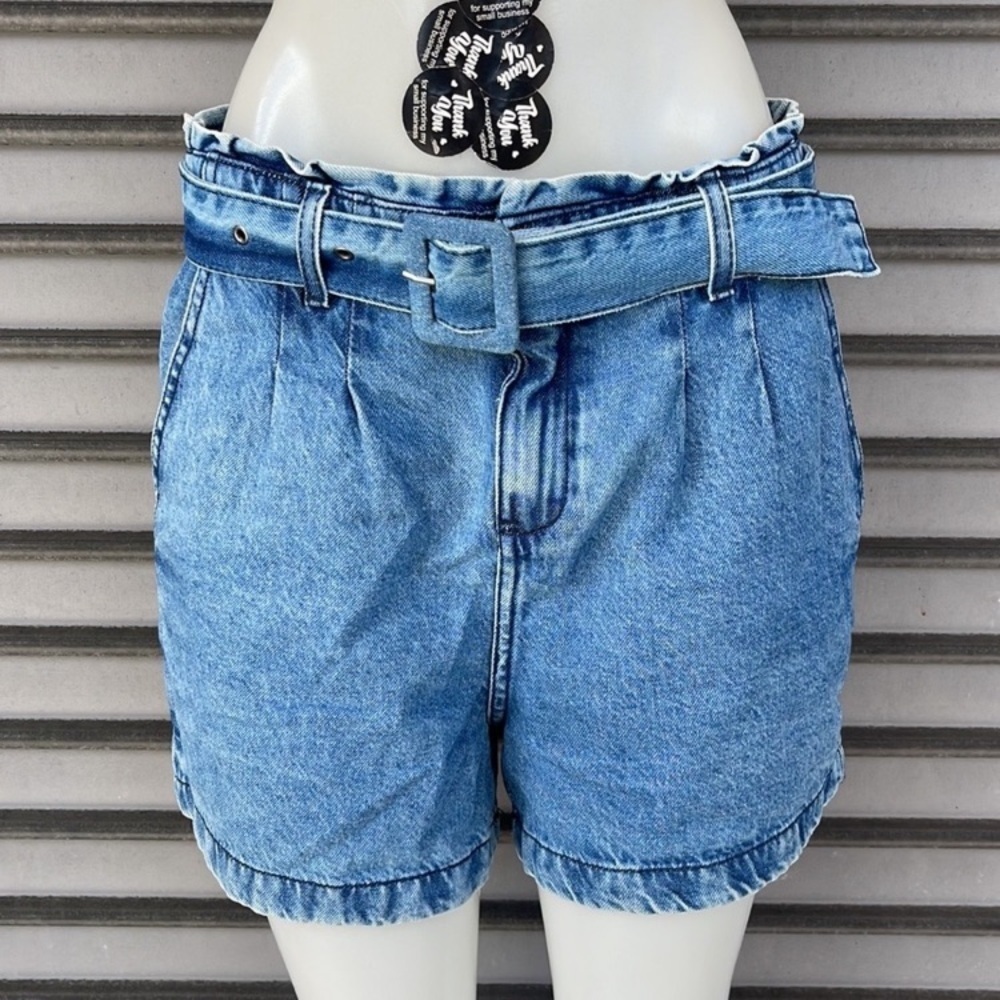 Andreza Chagas Luxury Paperbag Denim Shorts Belted Blue Women's Size 42 US 10 L
